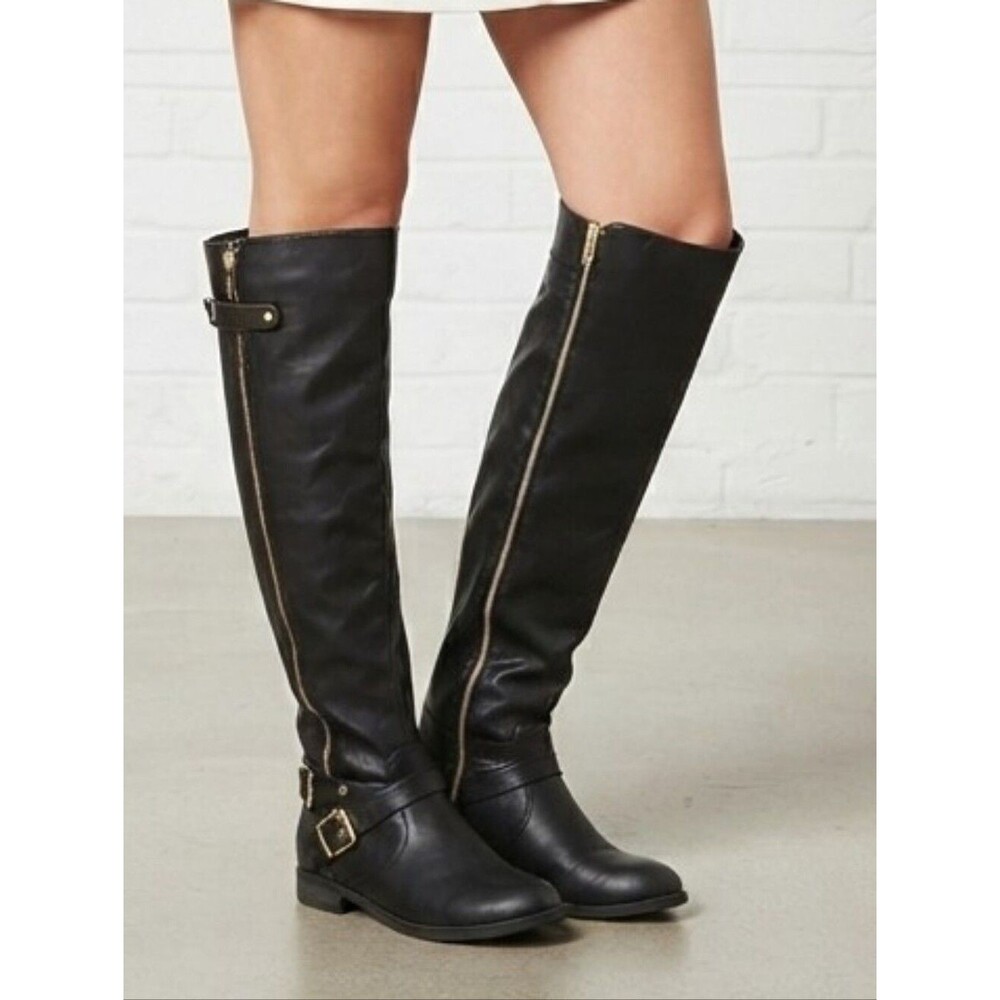 Forever Black Knee High Boots Zip Buckle Riding Size 6.5